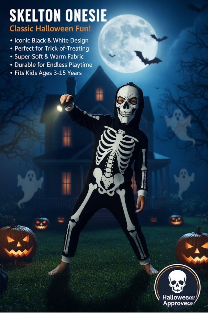 Kids Girls Boys Skeleton Print Pyjama Onesie White All In One Halloween Costume