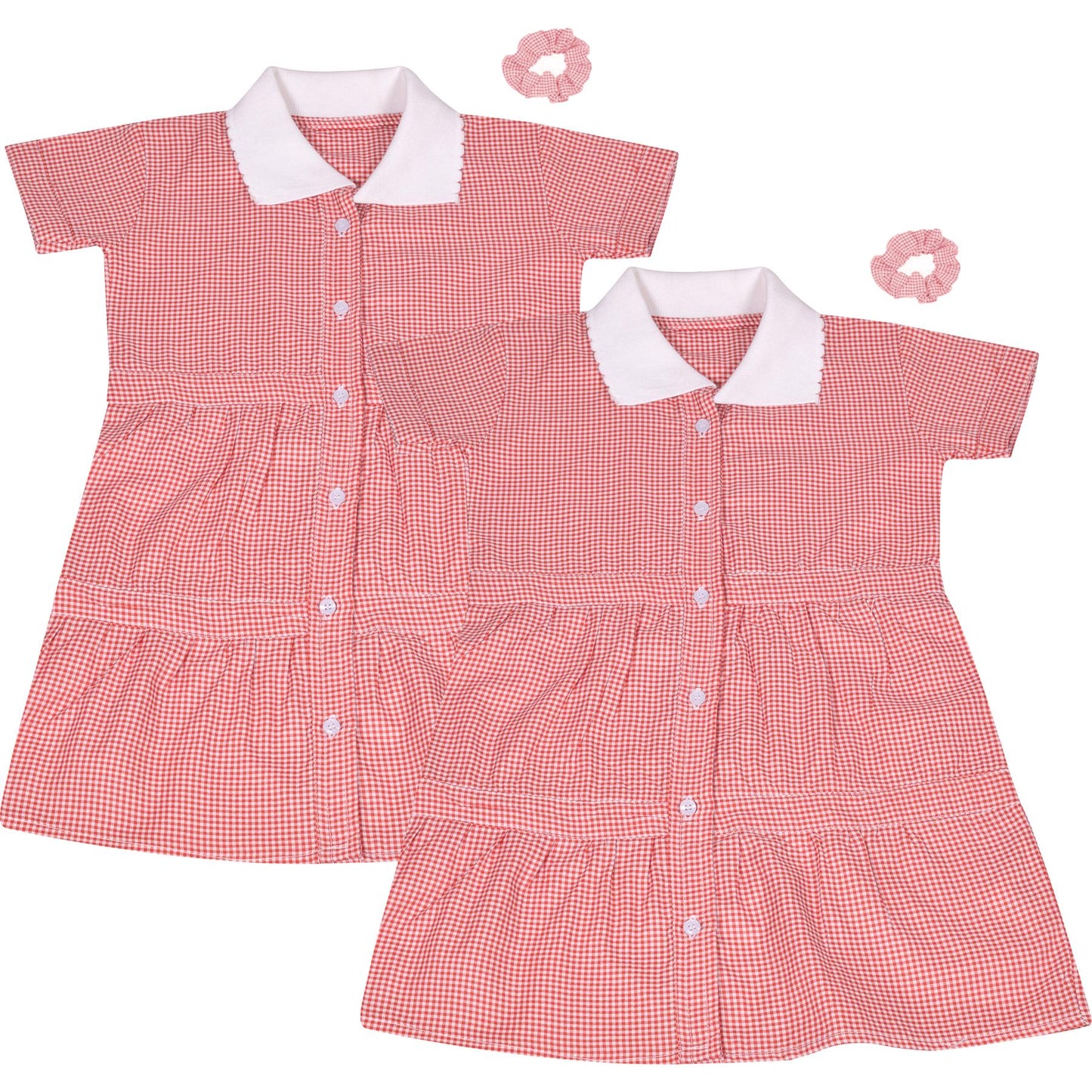Kids Girls 2 Pack Gingham School Dress Check Button Up Tiered Dresses With Scrunchies