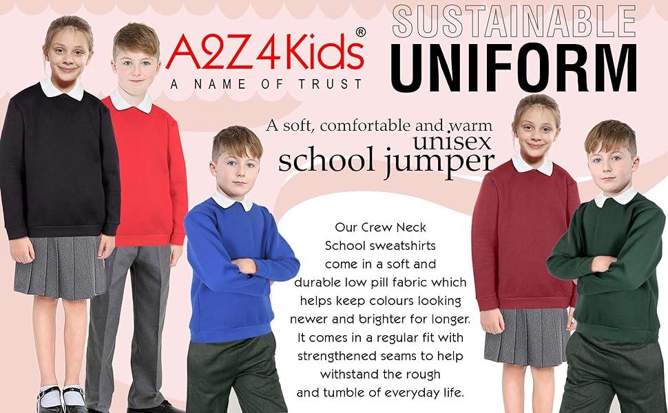 Kids Girls Boys Sweatshirt Plain Crew Round Neck Uniform Age 2-13 Years