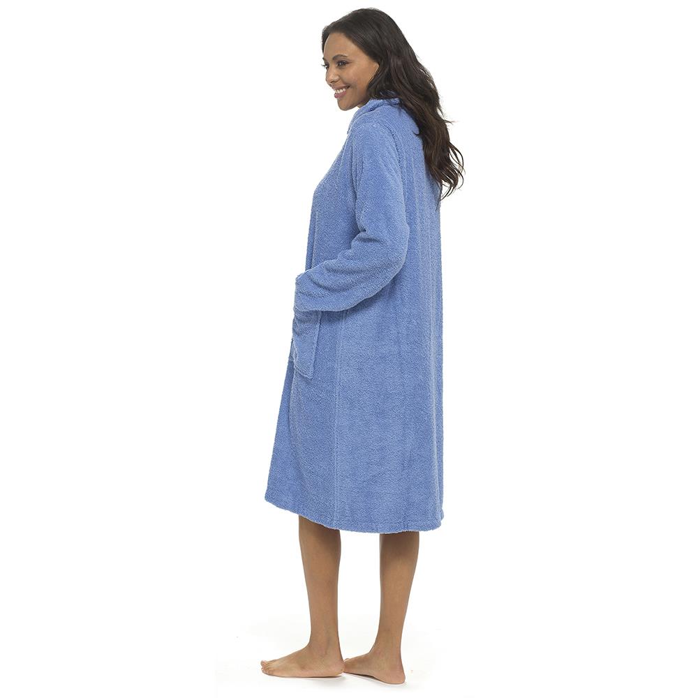 Ladies Towelling Bathrobe Front Zip Dressing Gown Long Sleeves & Deep Pockets