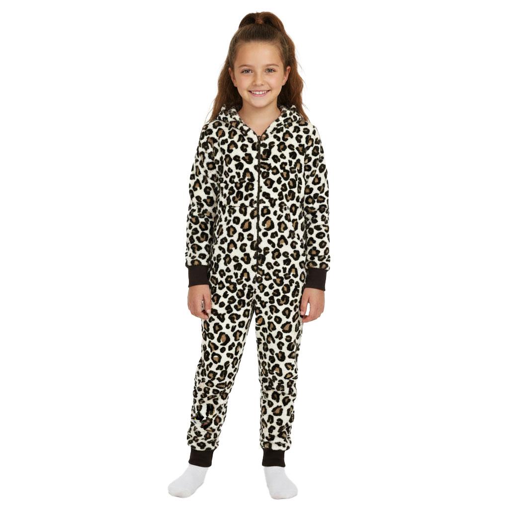 Kids Girls Boys Onesie Soft Fluffy Leopard Print All In One Xmas Costume 7-13 Yr