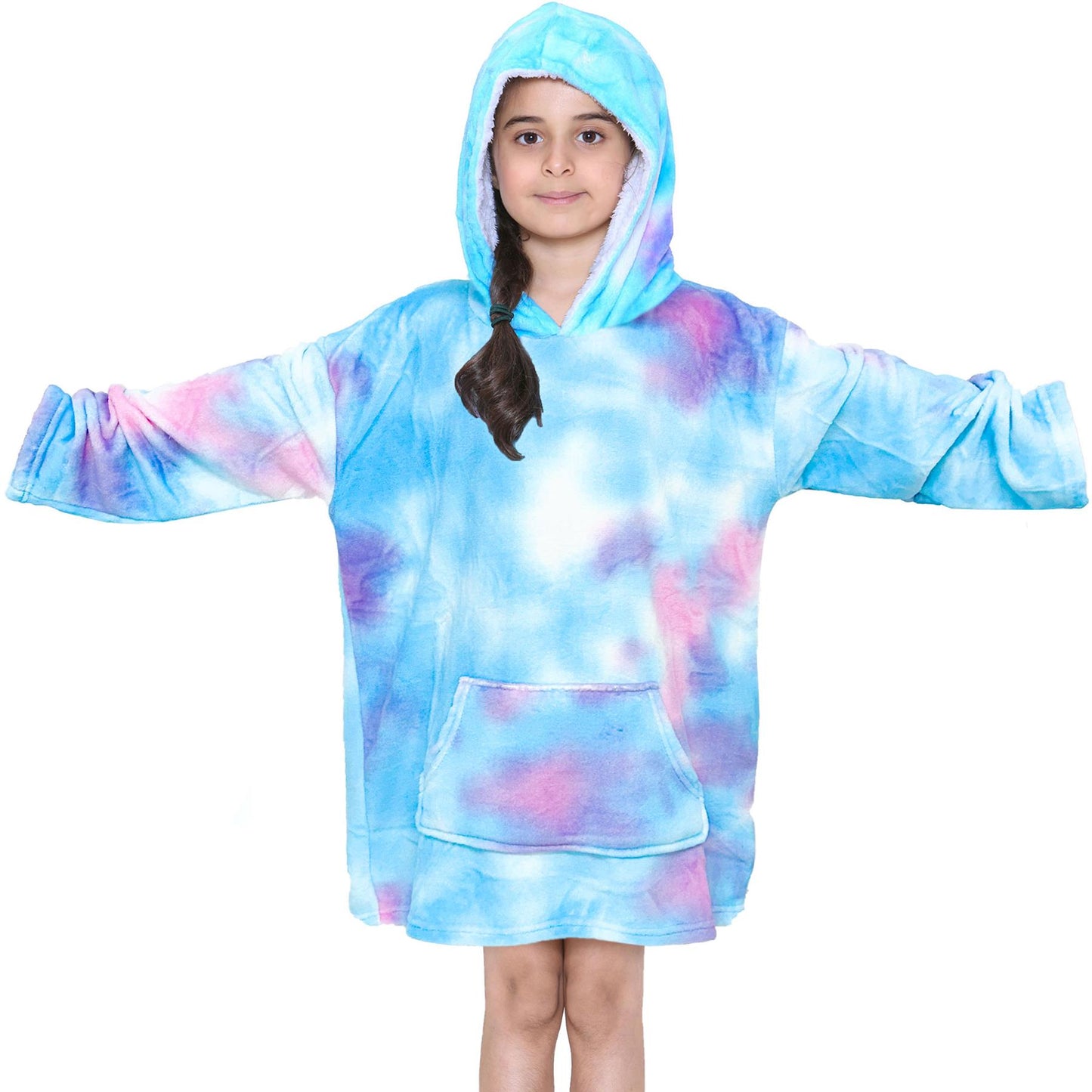 Kids Girls Boys Oversized Hoodie Blue Tartan Printed Snuggle Soft Fleece Blanket
