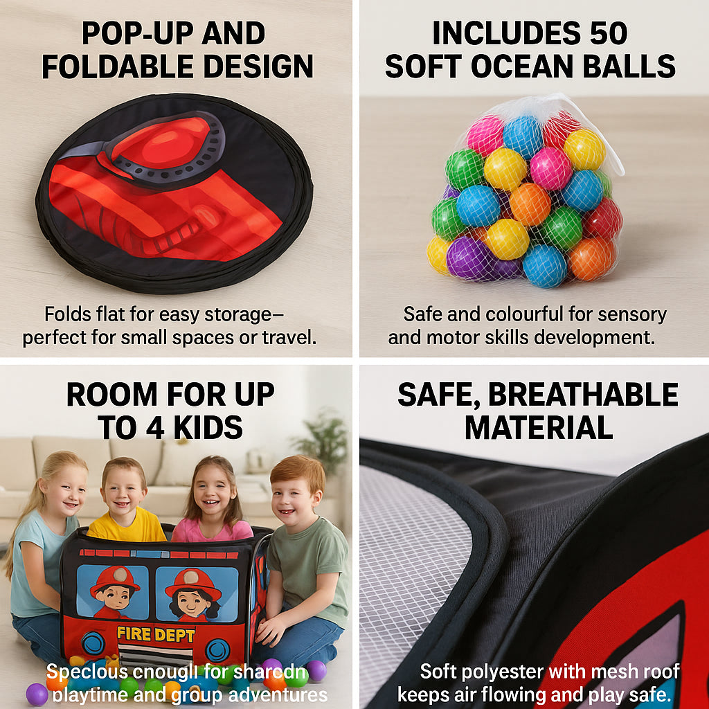 Kids Pop Up Fire Truck Tent with 50 Balls Foldable Playhouse Toy for Toddlers