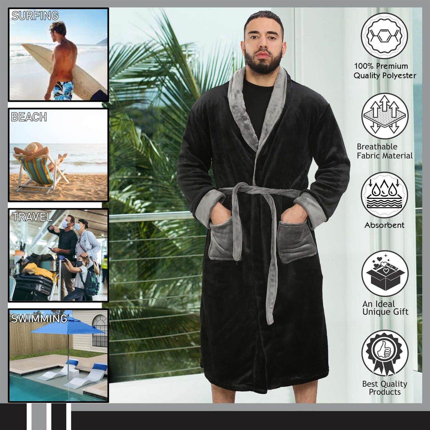 A2Z Mens Ultra Soft Luxury Fleece Dressing Gown Warm Cozy Loungewear Adult Robe