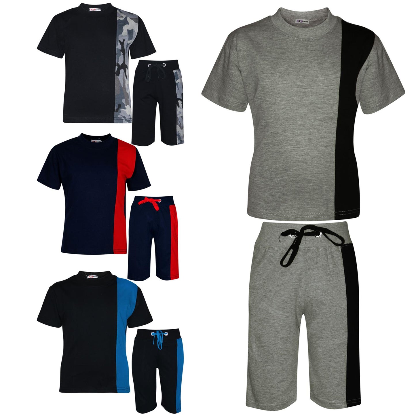 Kids Boys T Shirt Shorts 100% Cotton Contrast Panel Top Summer Short Set 5-13 Yr