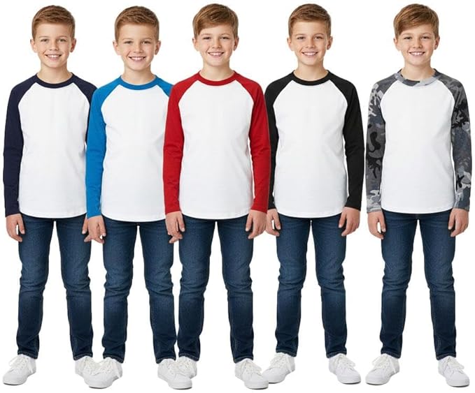 Kids Boys Girls T Shirts Plain Baseball Long Raglan Sleeves Sports Tees 2-13 Yrs