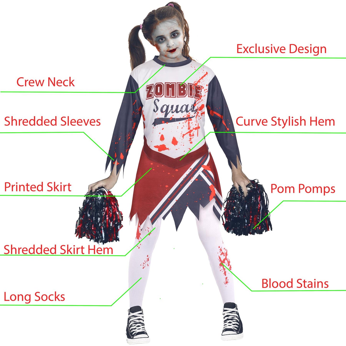 A2Z 4 Kids Girls Zombie Cheerleader Halloween Attire Top Shredded Sleeves Long Bloody Socks Cheerleading Pom Poms Outfit Halloween Parties and Trick or Treating