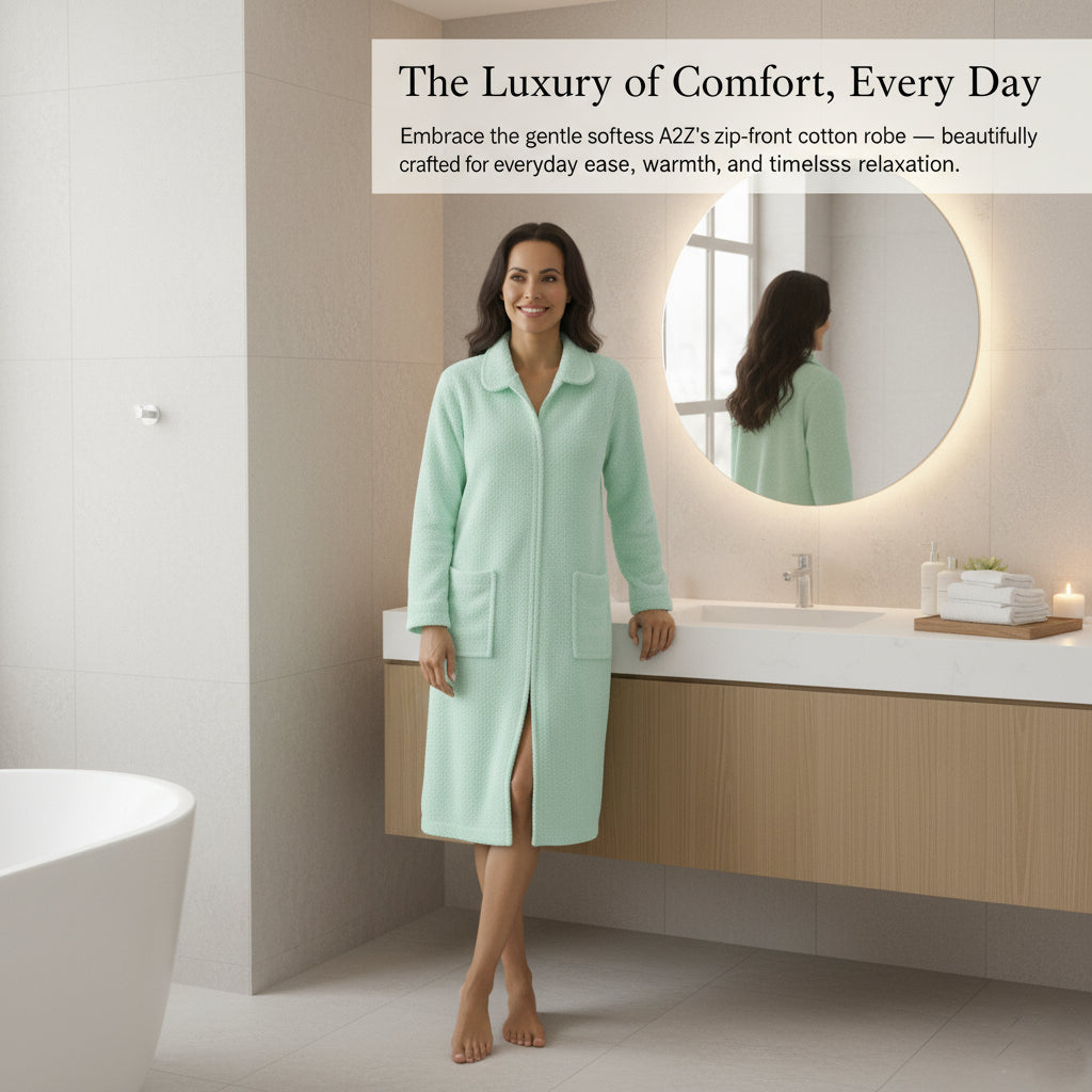 Ladies Towelling Bathrobe Front Zip Dressing Gown Long Sleeves & Deep Pockets