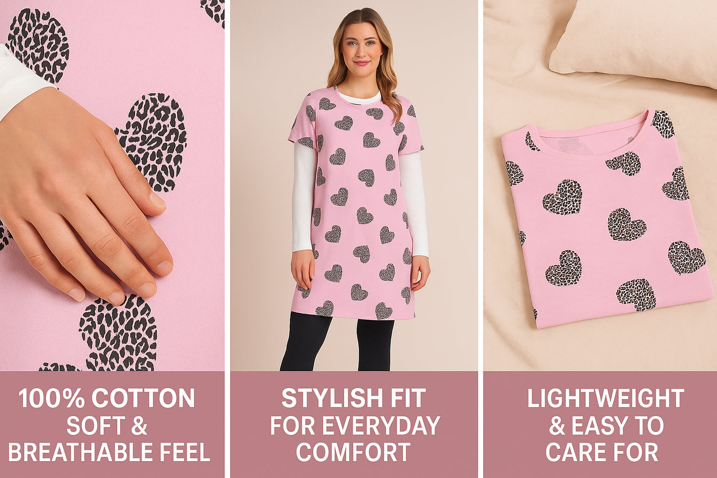 A2Z Ladies Cotton Nightie Pink Short Sleeve Dress with Leopard Heart Print