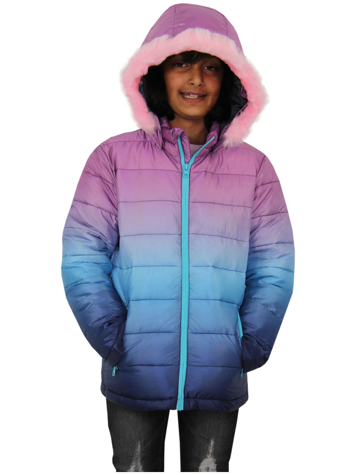 Kids Girls Puffer Jacket Faux Fur Hooded 3D Fade Gradient Padded Thick Warm Coat