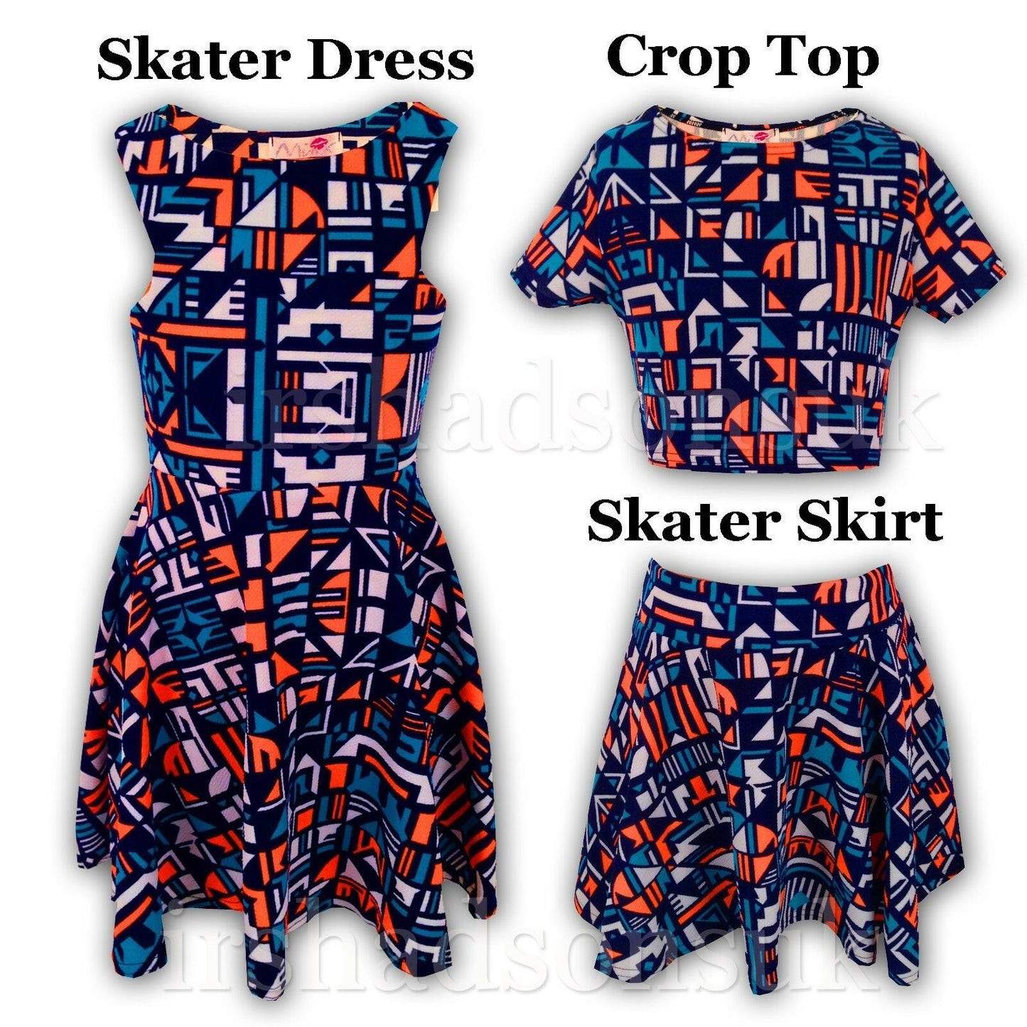 Kids Girls Orange & Blue Aztec Print Skater Skirt Midi Dress Crop Top Legging