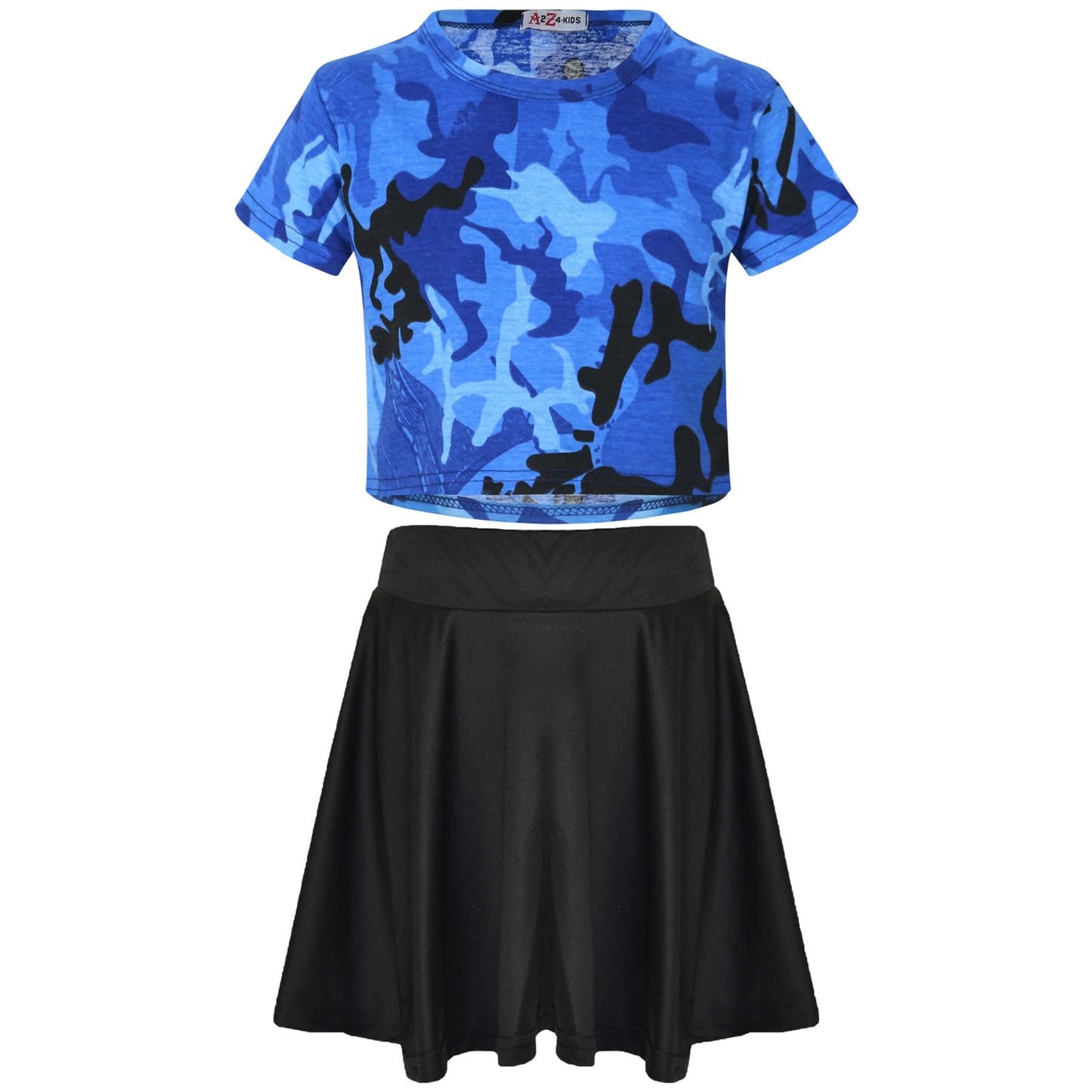 A2Z 4 Kids Camouflage Crop Top & Skater Skirt Set Short Sleeves T Shirt Summer Outfit 2 Piece Activewear For Girls Age 5-13 years