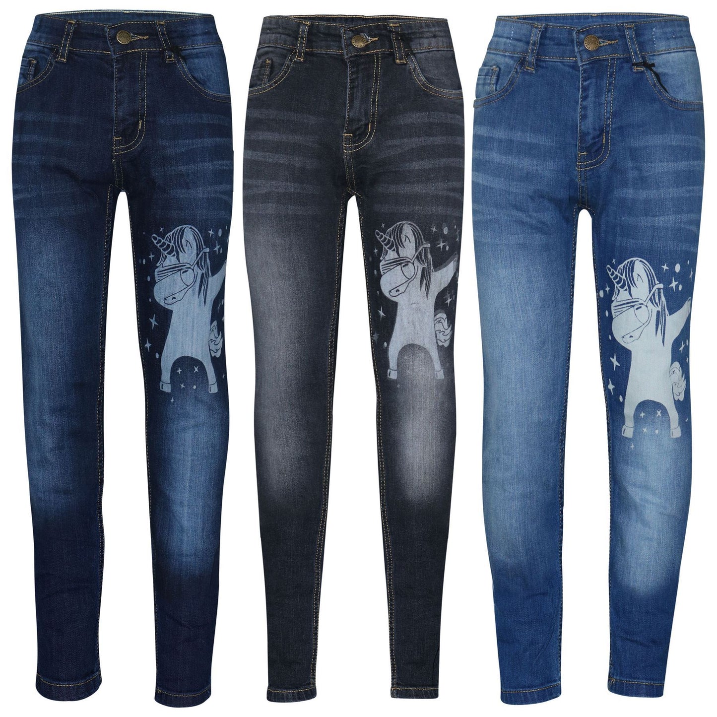 Kids Boys Jeans Designer Unicorn Dab Denim Stretchy Pants Fit Trousers 5-14 Yr