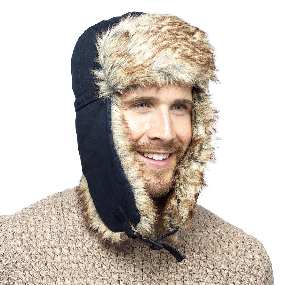 A2Z Mens Trapper Hat Faux Fur Trim Ear Flaps Hats Adjustable Clip Fastening Caps