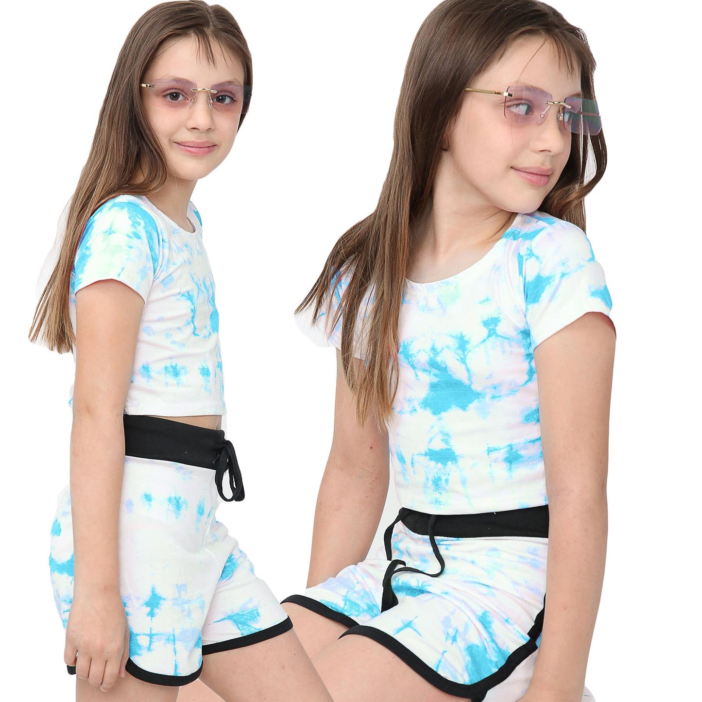 Kids Tie Dye Crop Top & Shorts Set Active Wear Summer Girls Boys Age 5-13 years