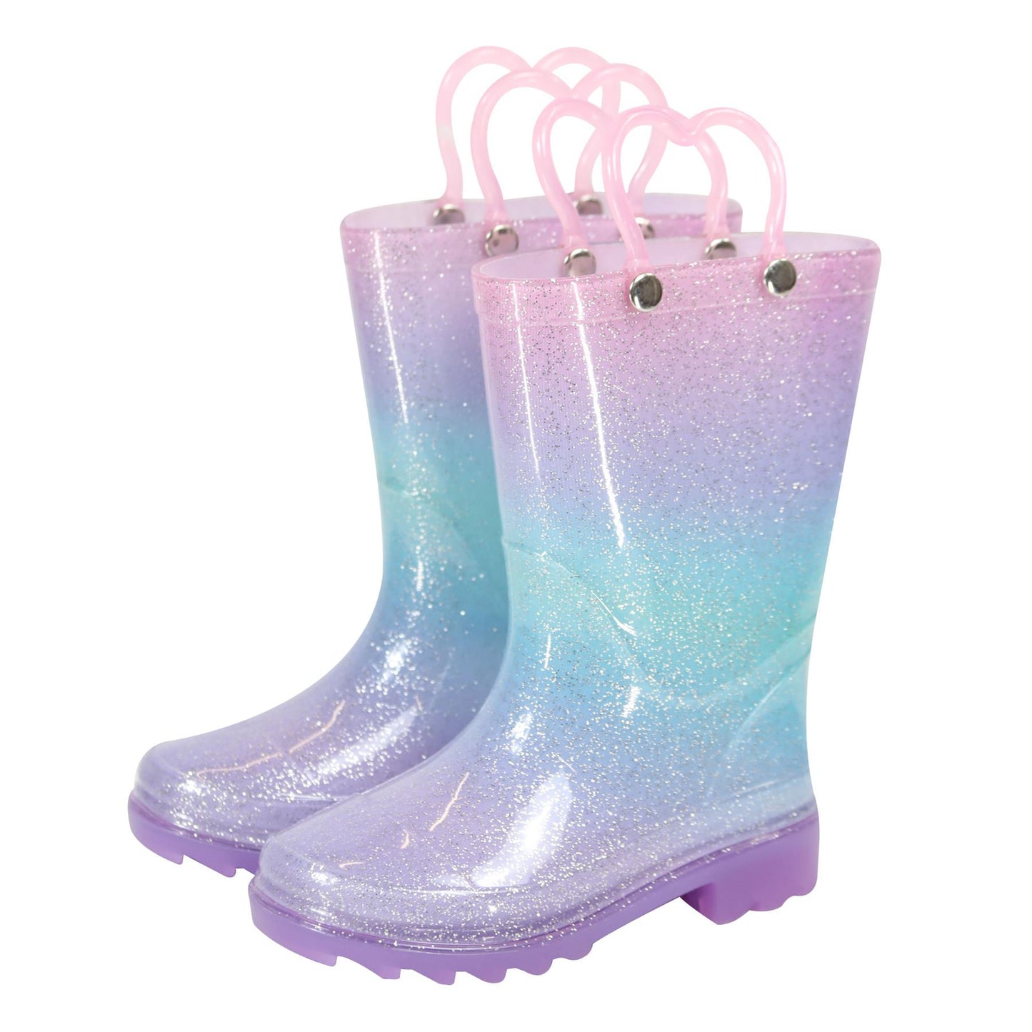 Kids Girls Glitter Rainbow Gradient Wellington Boots Heart Handle PVC Rain Boot