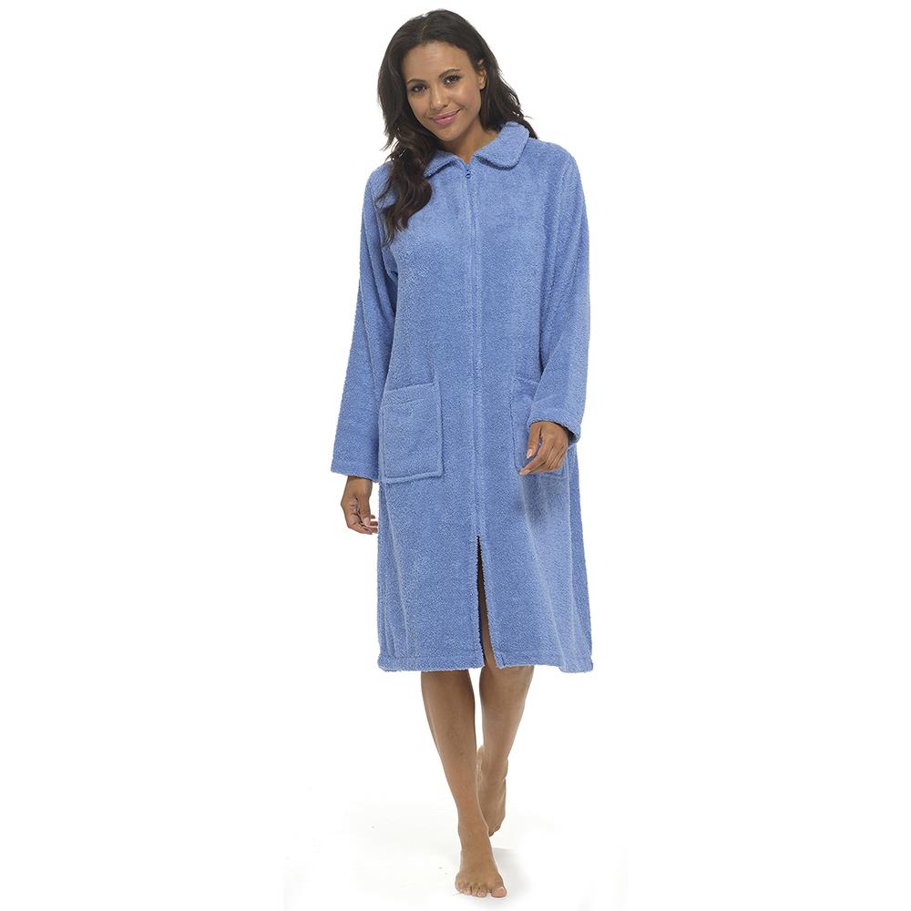 Ladies Towelling Bathrobe Front Zip Dressing Gown Long Sleeves & Deep Pockets