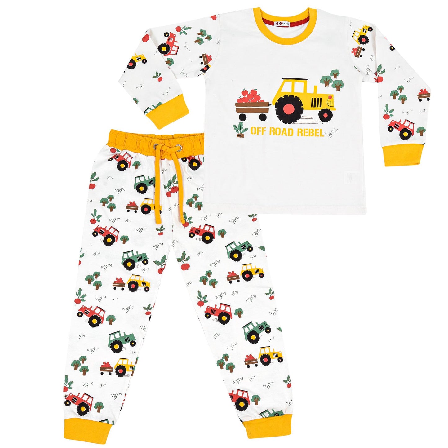 Kids Girls Boys Pyjamas Tractor Contrast Top Bottom Sleepwear Unisex Outfit Set