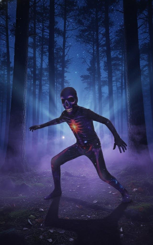 Girls Boys Galaxy Glow Skeleton Halloween Costume Cosmic Jumpsuit Mask 3-14 Yr