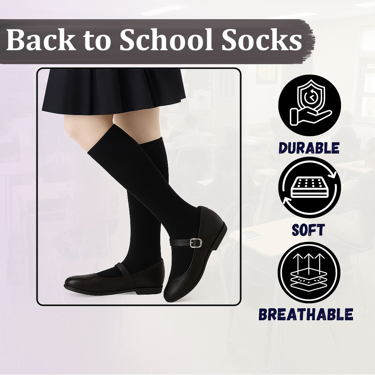 Kids Girls Plain Knee High Socks Pack of 3 Comfortable School Cotton Socks