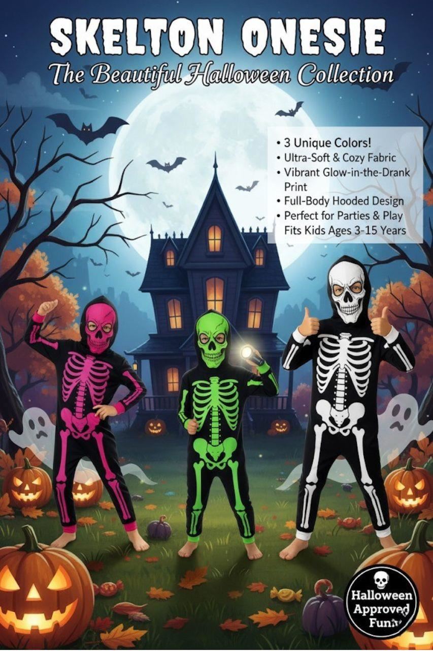 Kids Girls Boys Skeleton Print Pyjama Onesie White All In One Halloween Costume