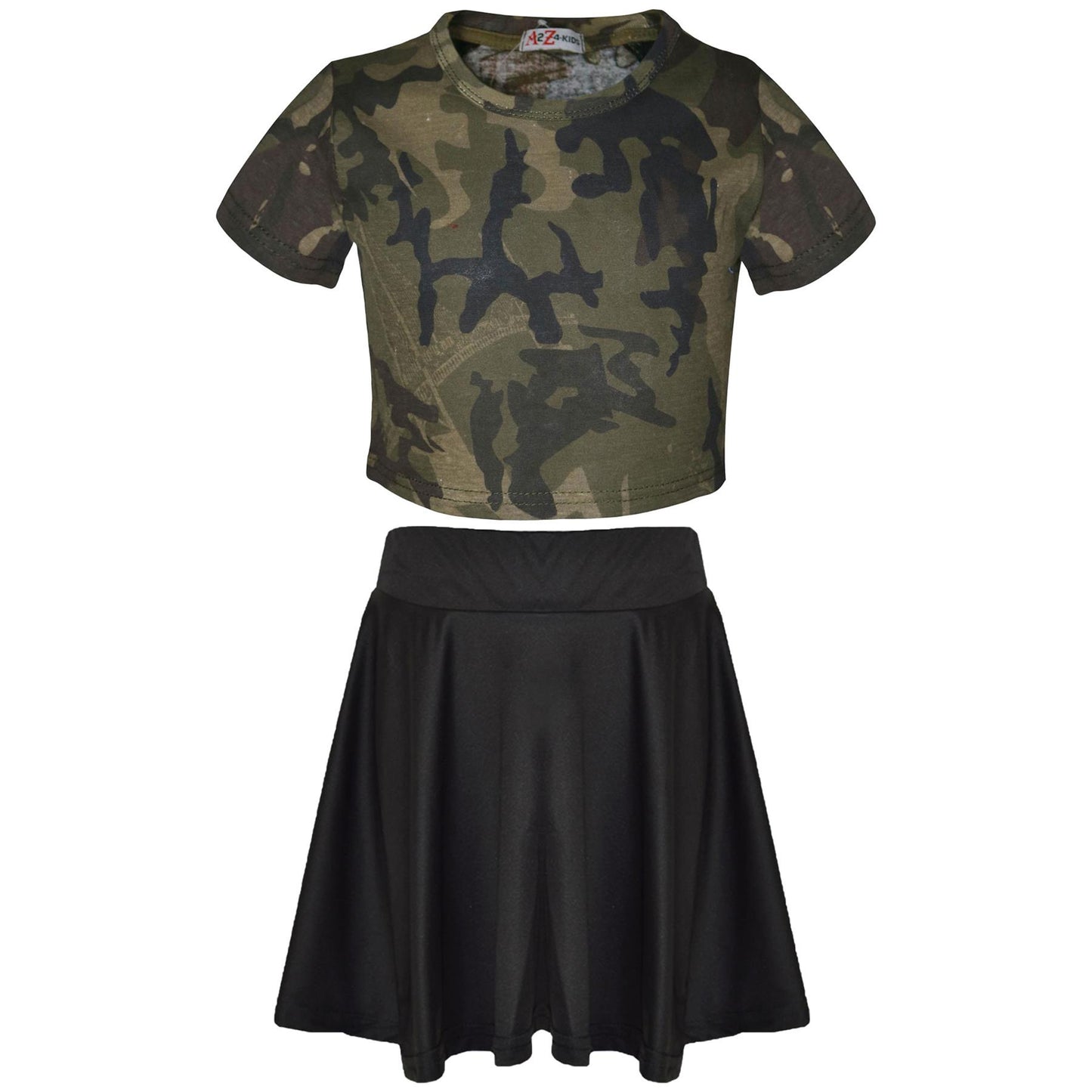 A2Z 4 Kids Camouflage Crop Top & Skater Skirt Set Short Sleeves T Shirt Summer Outfit 2 Piece Activewear For Girls Age 5-13 years
