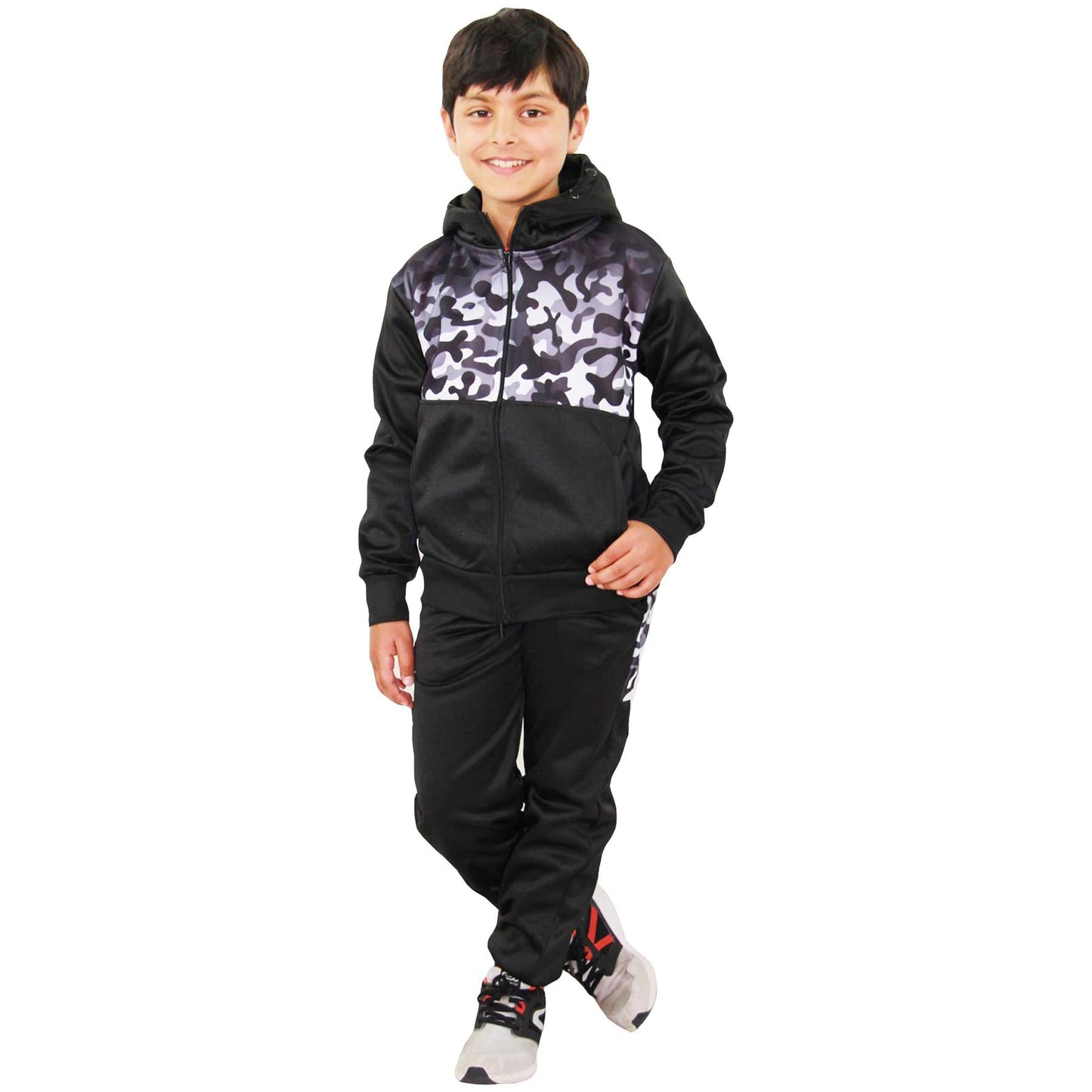 Kids Boys Girls Tracksuit Camouflage Panelled Hooded Top & Bottom Jogging Suits