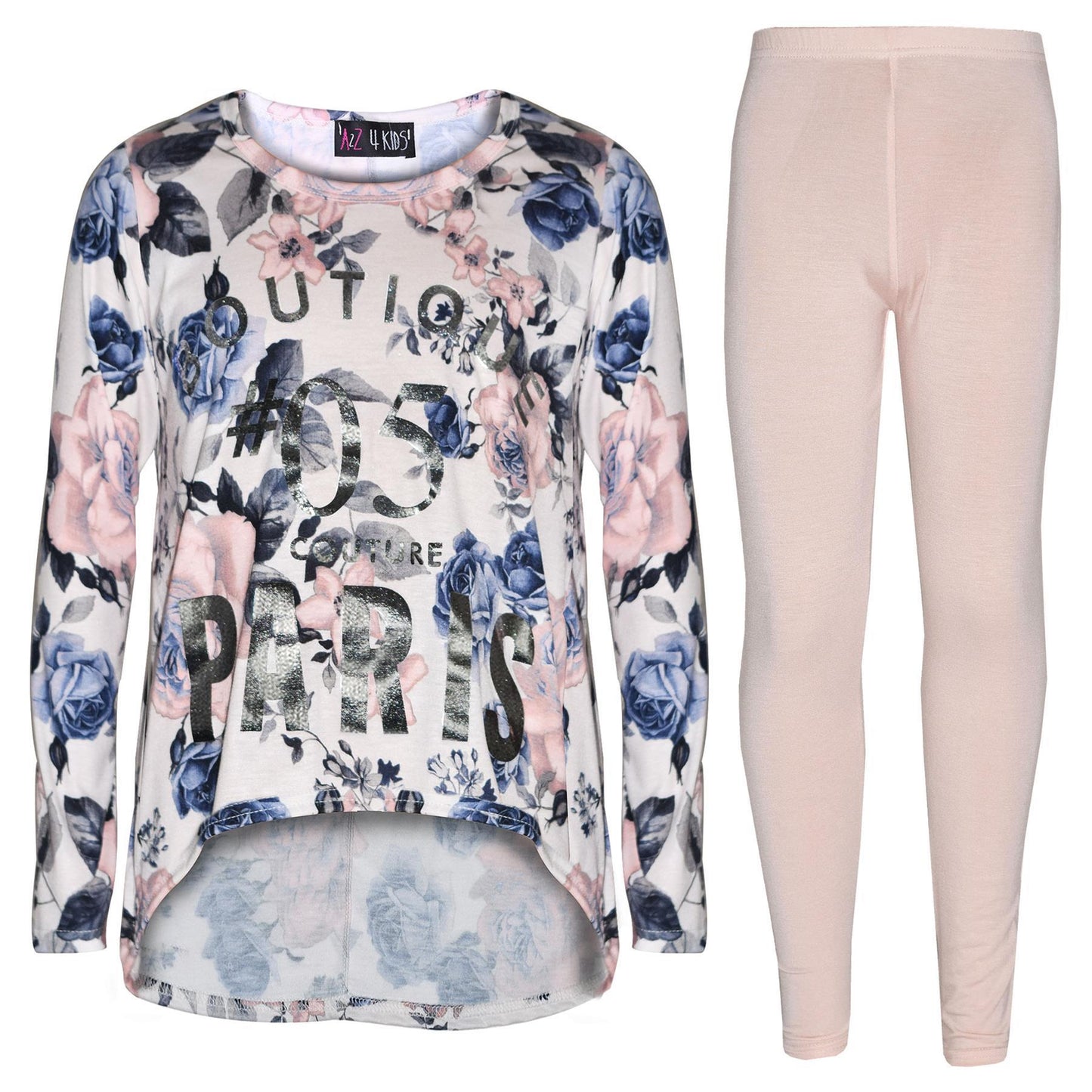 Kids Paris Print Floral Long Sleeve T-Shirt Top Leggings Set Girls Age 7-13 Year