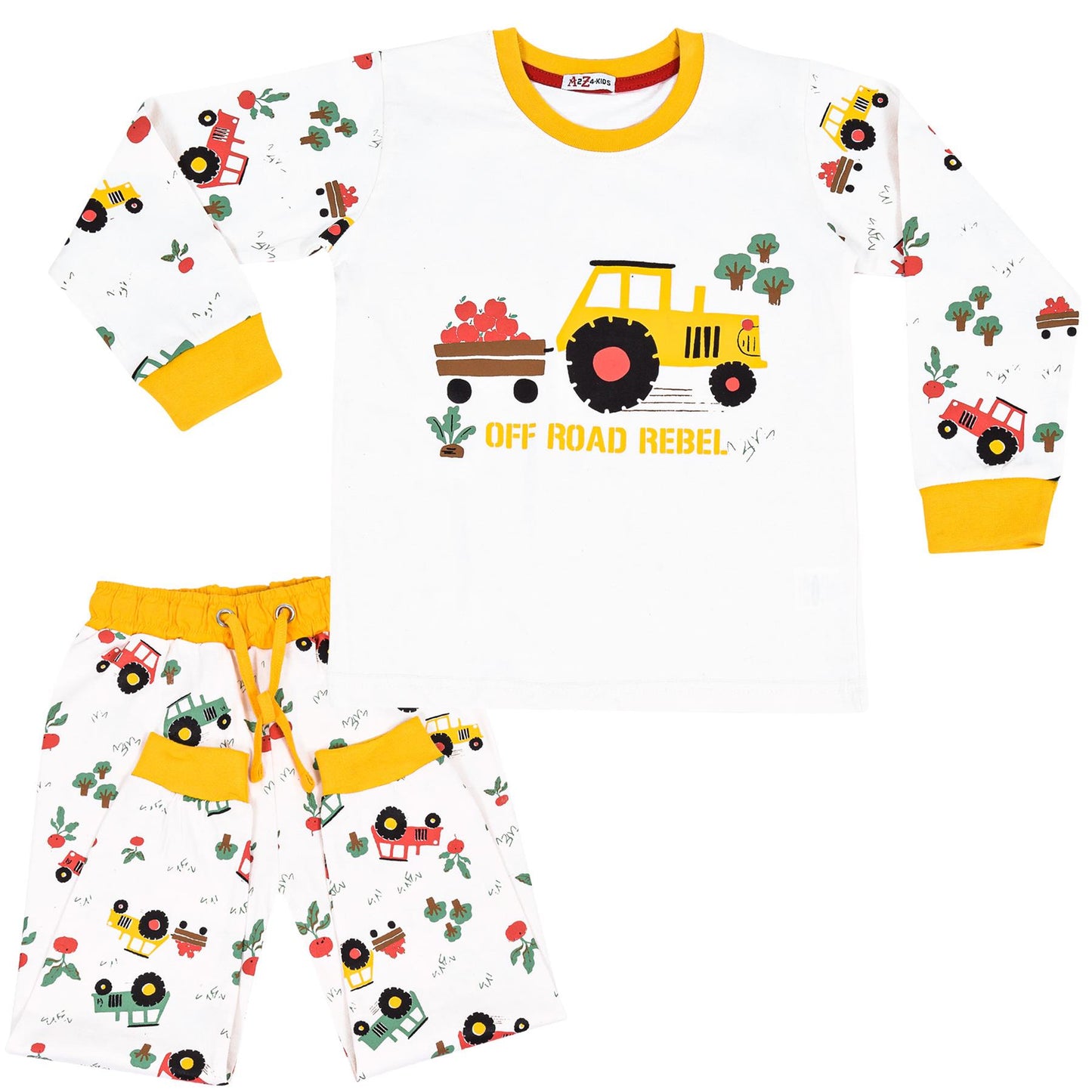 Kids Girls Boys Pyjamas Tractor Contrast Top Bottom Sleepwear Unisex Outfit Set