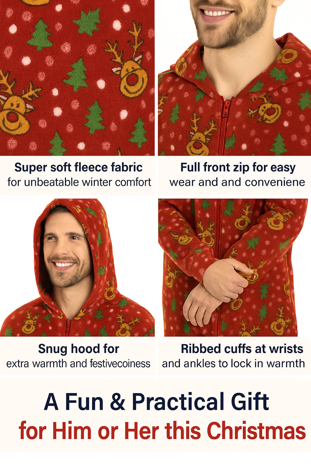 A2Z Men Womens Xmas Micro Fleece Hooded Soft Warm All in One Festive Pyjamas