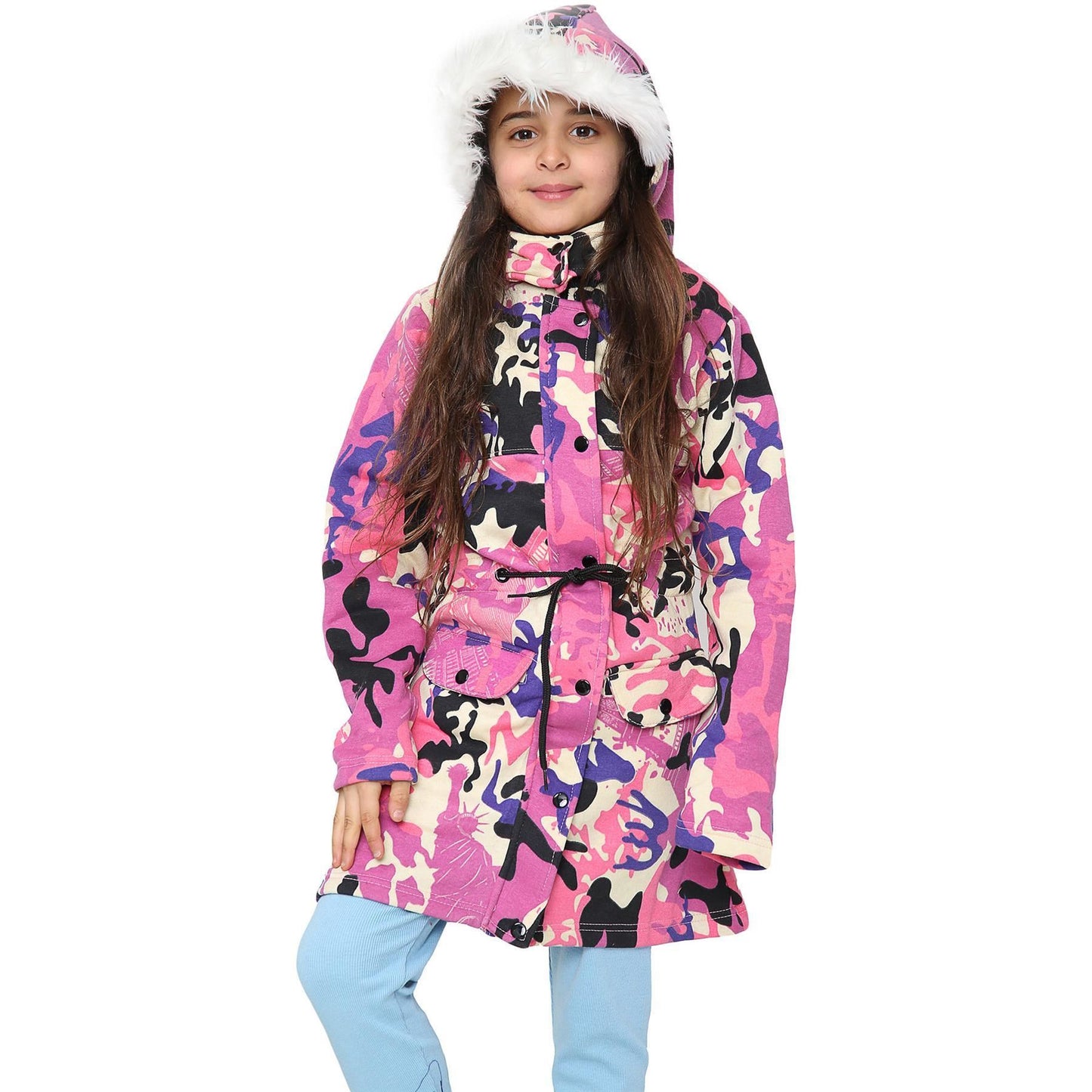 Kids Girls Hooded Camo Parka Jacket Faux Fur Coat New Fashion Age 5-13 Years