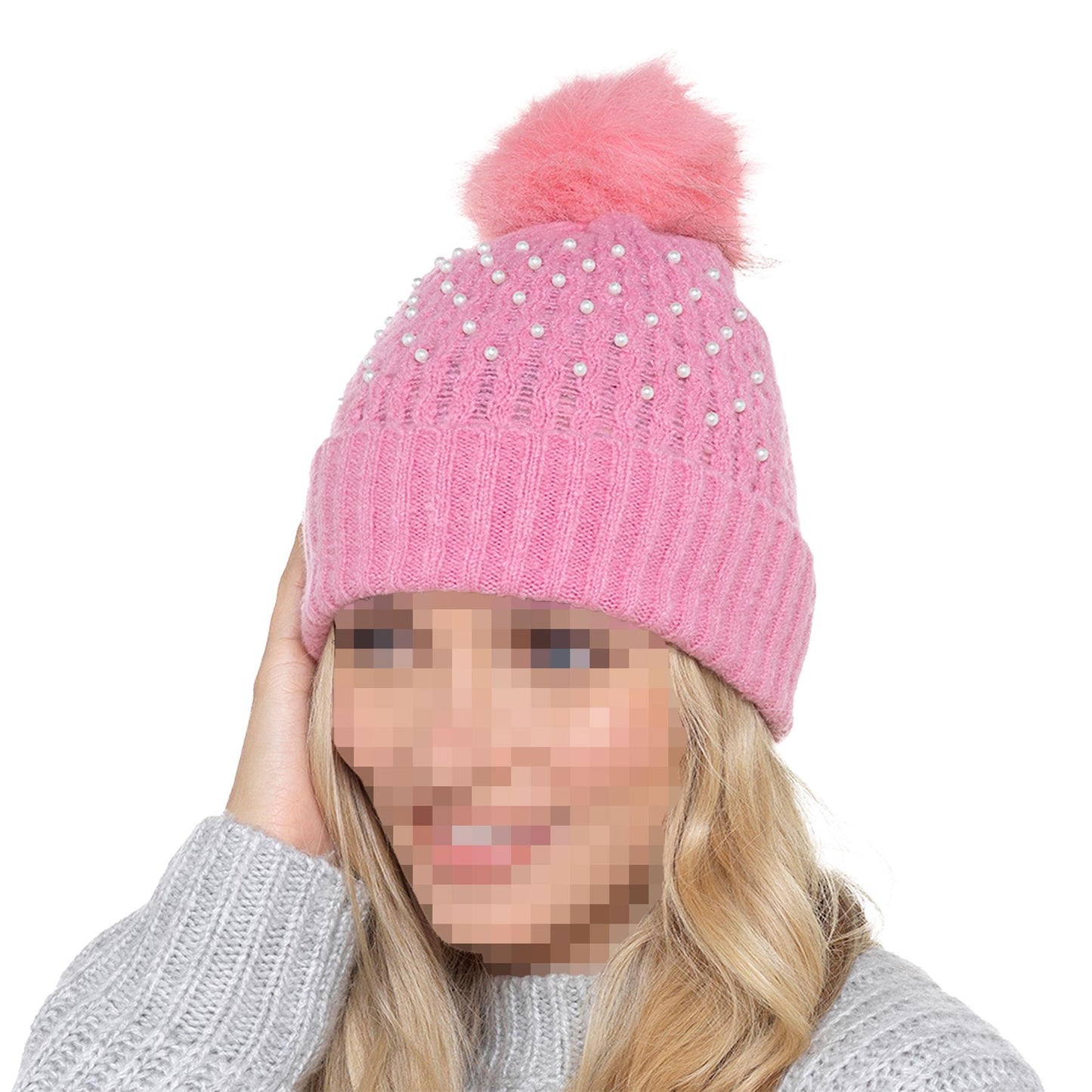 A2Z Ladies Hat Ribbed Pearls Knit Bobble Pom Pom Stylish Winter Warm Cozy Hats