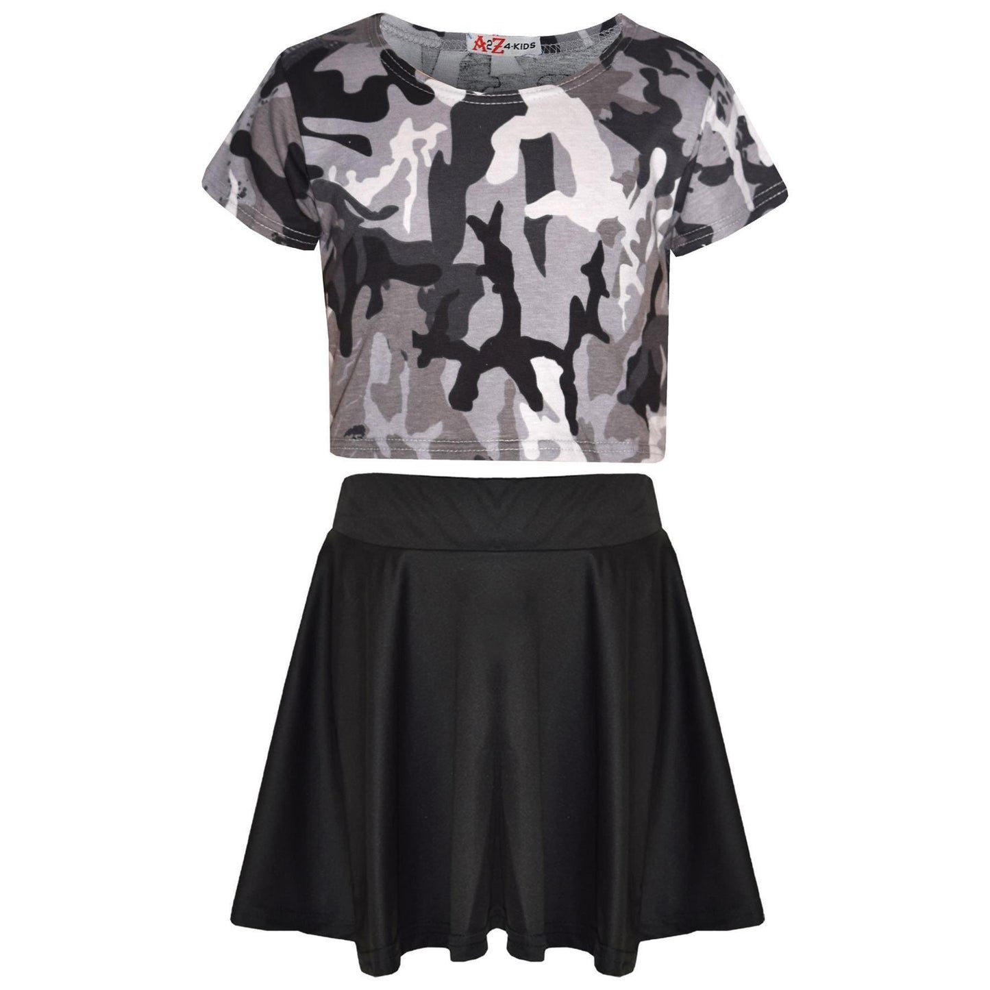 A2Z 4 Kids Camouflage Crop Top & Skater Skirt Set Short Sleeves T Shirt Summer Outfit 2 Piece Activewear For Girls Age 5-13 years