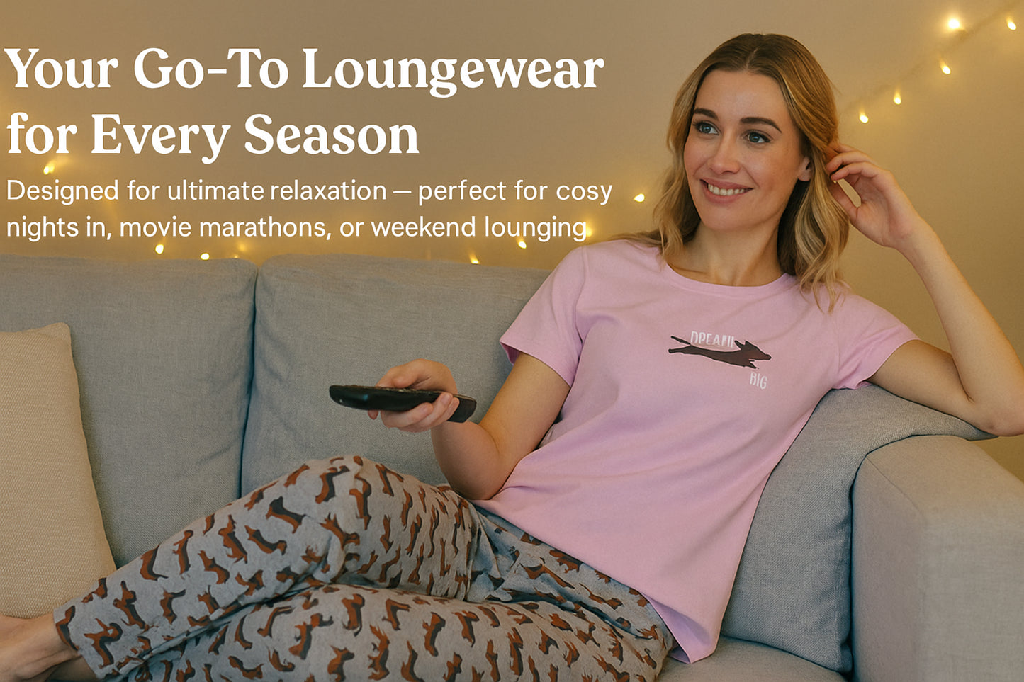 Ladies Sausage Dog Pyjama Set Pink Cotton Top & Grey Sausage Dog Print Bottoms
