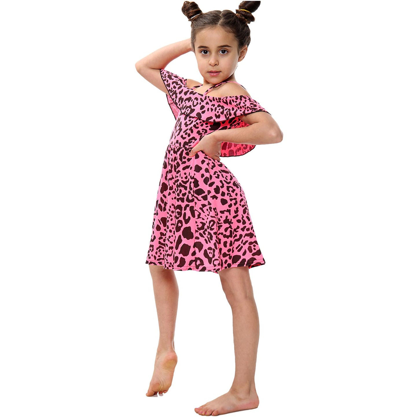 Kids Girls Skater Dress Leopard Print Summer Party Off Shoulder Dress 5-13 Years