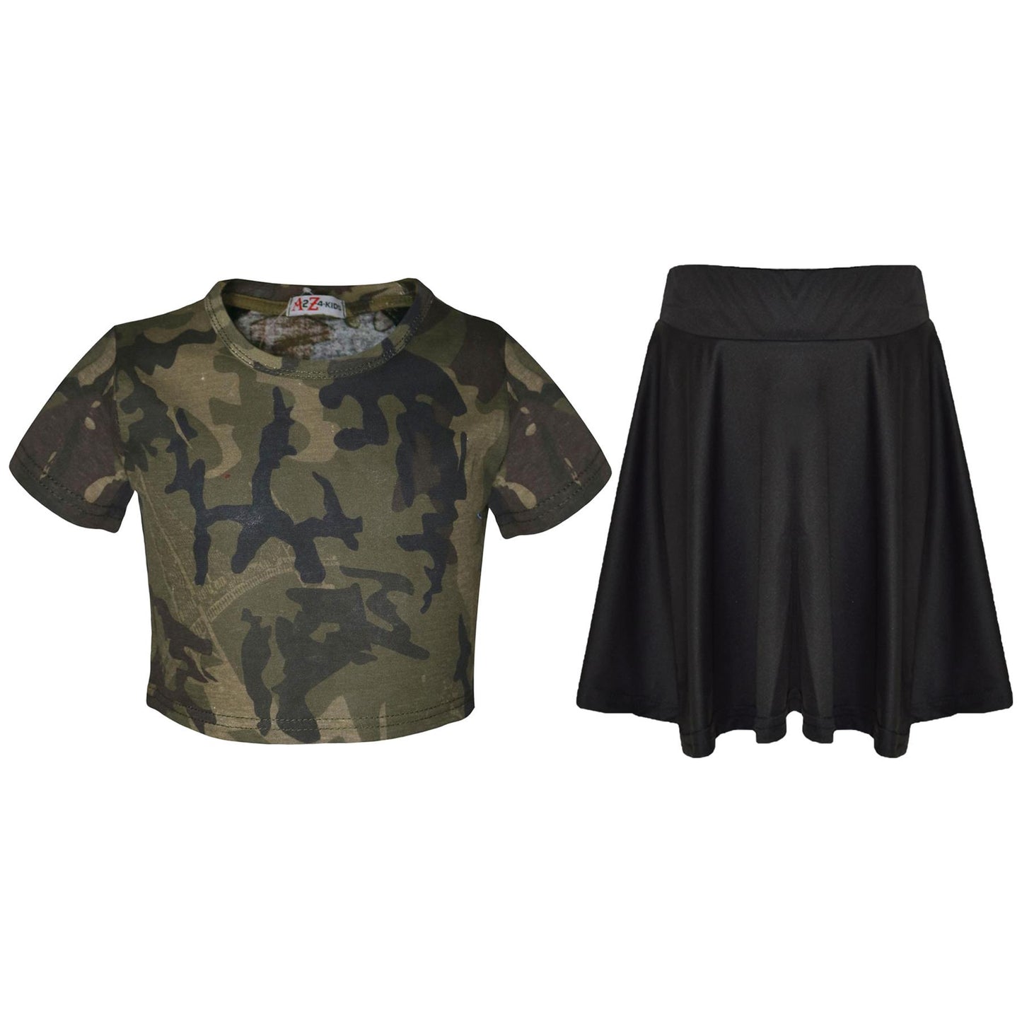 A2Z 4 Kids Camouflage Crop Top & Skater Skirt Set Short Sleeves T Shirt Summer Outfit 2 Piece Activewear For Girls Age 5-13 years