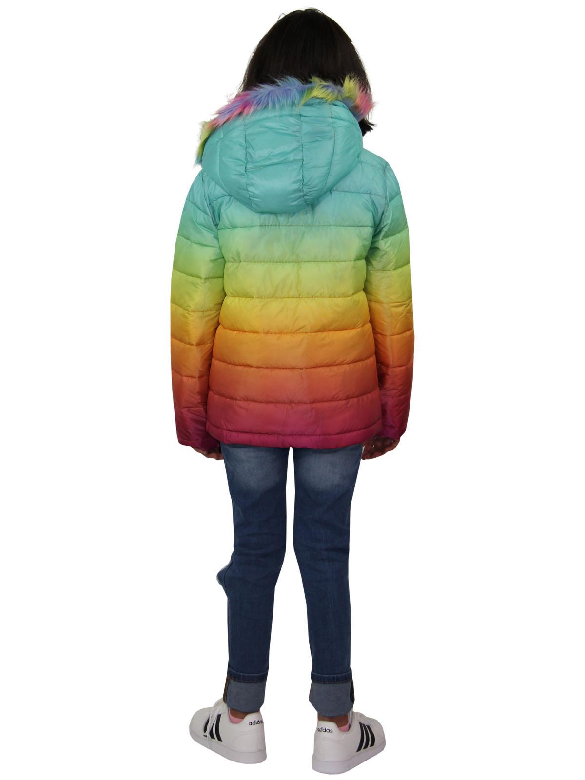 Kids Girls Puffer Jacket Faux Fur Hooded 3D Fade Gradient Padded Thick Warm Coat