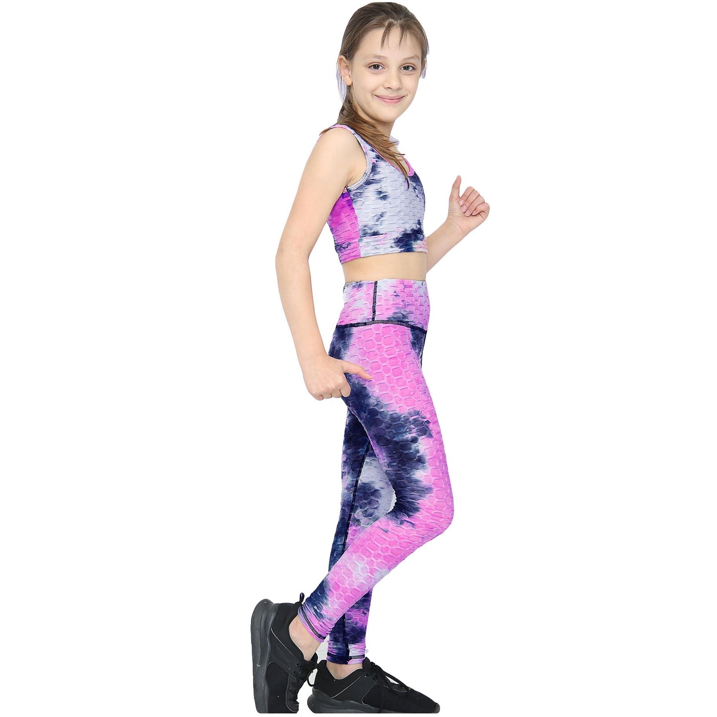 Girls Honeycomb Pink Leggings Crop Top Vest Dance Yoga Exercise High Waist Set