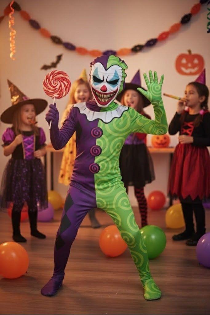 Kids Scary Creepy Clown Halloween Fancy Dress Jester Costume with Mask 3-14 Yrs