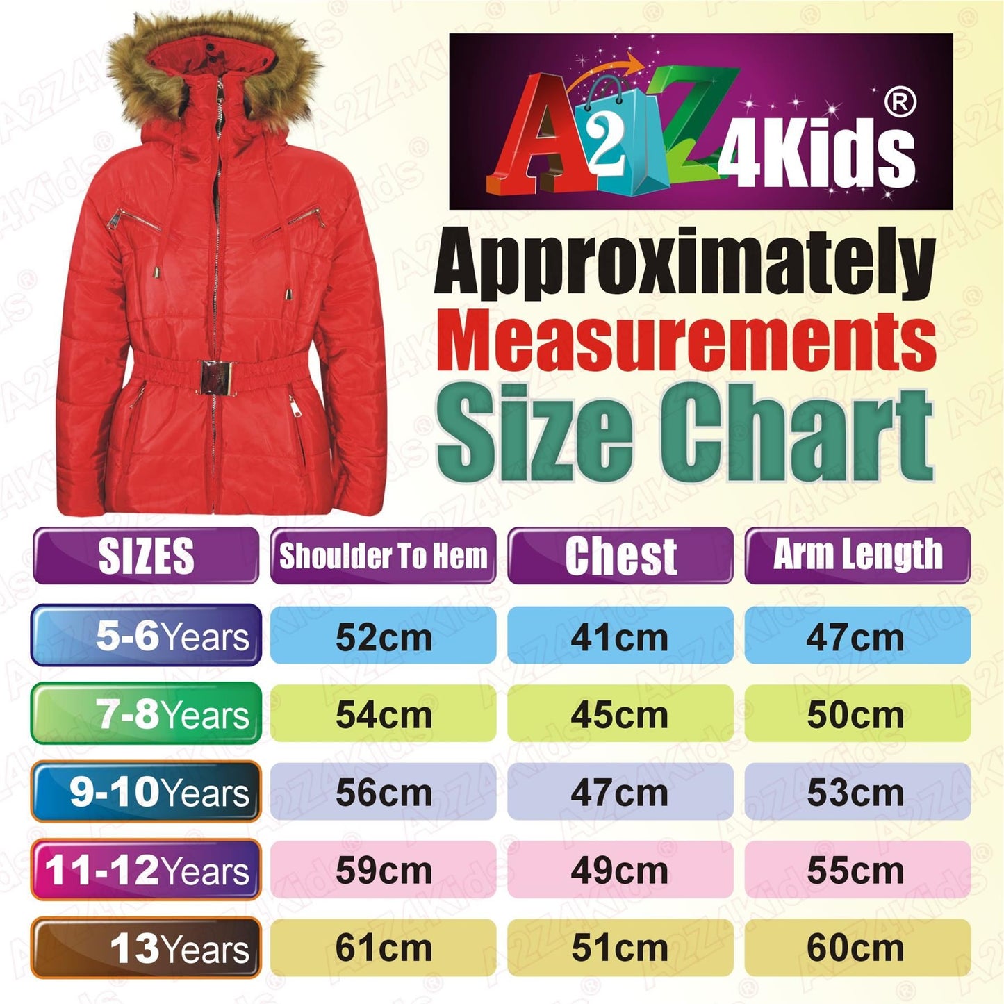 A2Z 4 Kids Kids Girls Jackets Red Puffer Hooded Stylish Detachable Faux Fur Padded Zipped Belted Slim Fit Warm Coats New Age 5 6 7 8 9 10 11 12 13 Years