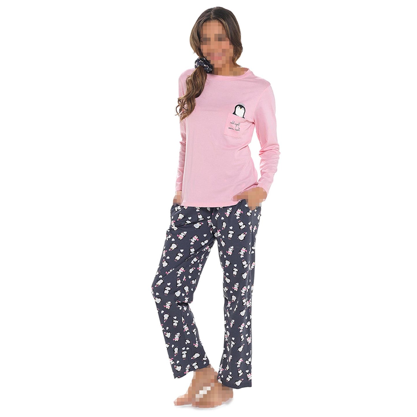 A2Z Ladies Pyjama Set Womens Varsity Penguin Cosy Pyjamas Matching Scrunchie