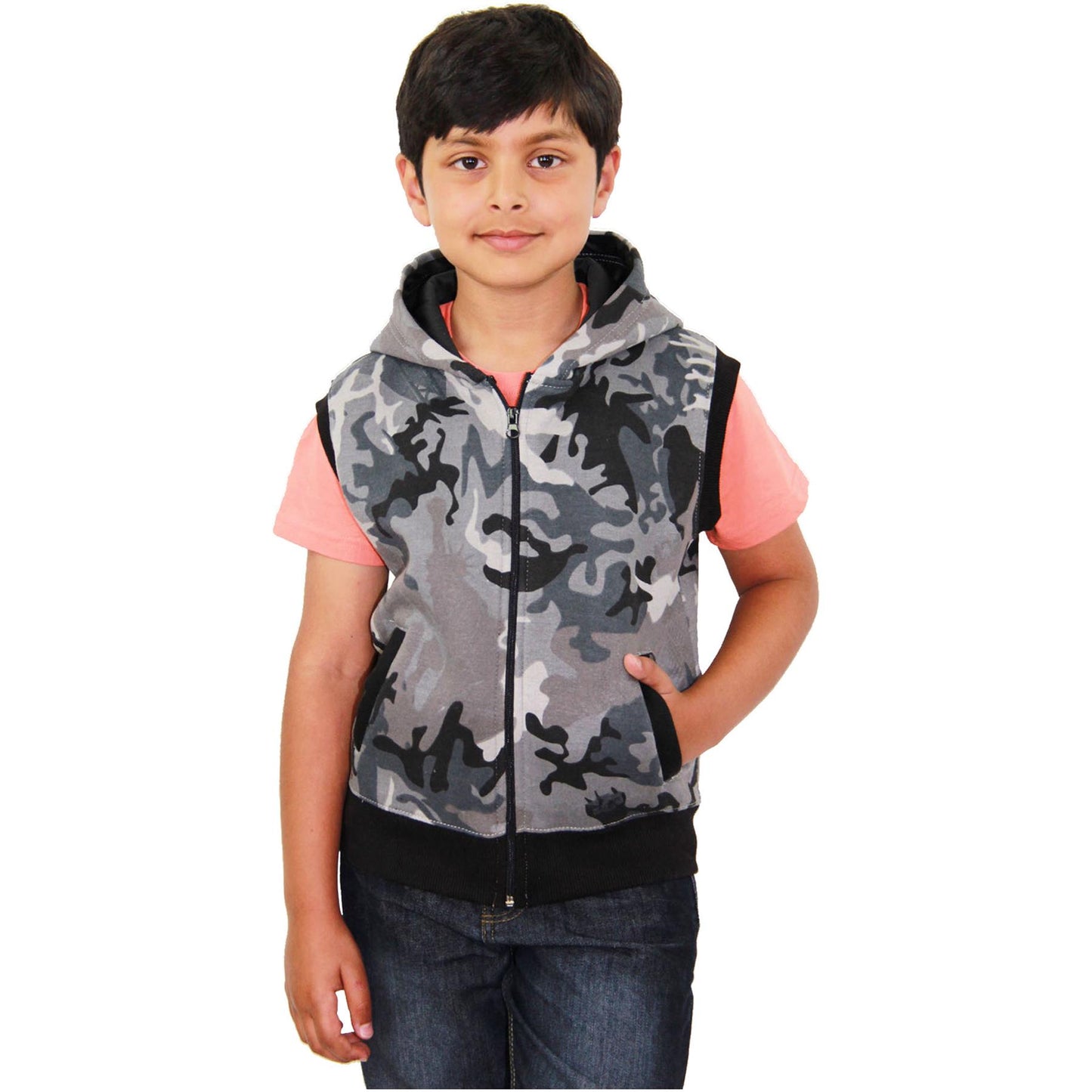 Kids Hooded Gilet Jacket Fleece Fabric No Sleeve Zipper Coat Boys Age 5-13 Year