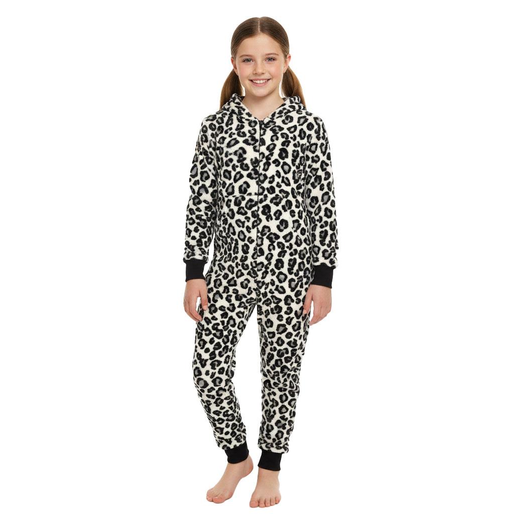 Kids Girls Boys Onesie Soft Fluffy Leopard Print All In One Xmas Costume 7-13 Yr
