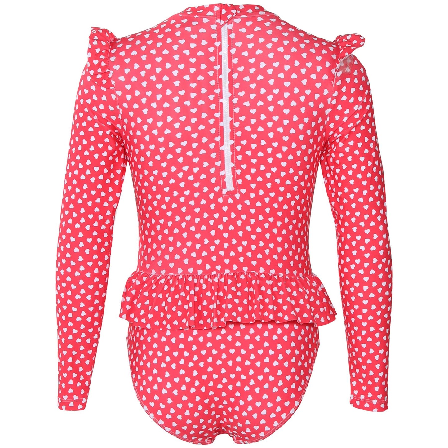 Kids Girls One Piece Swimsuit Ruffle Trim Long Sleeve Swimming Costume 2-14 Yrs