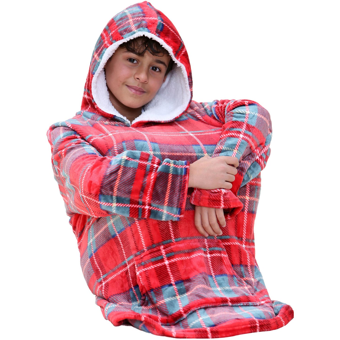 Kids Girls Boys Oversized Hoodie Blue Tartan Printed Snuggle Soft Fleece Blanket