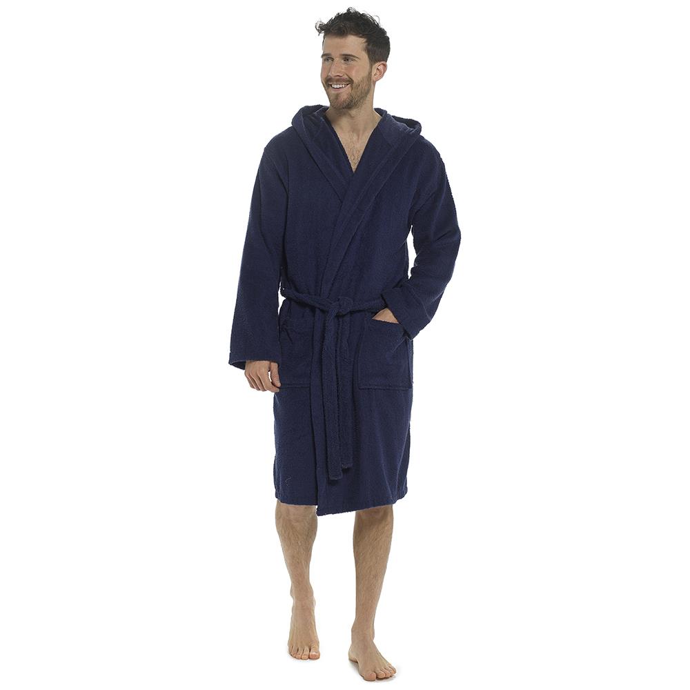 Mens Hooded Towelling Robe Soft Cotton Absorbent Bathrobe with Belt Deep Pockets