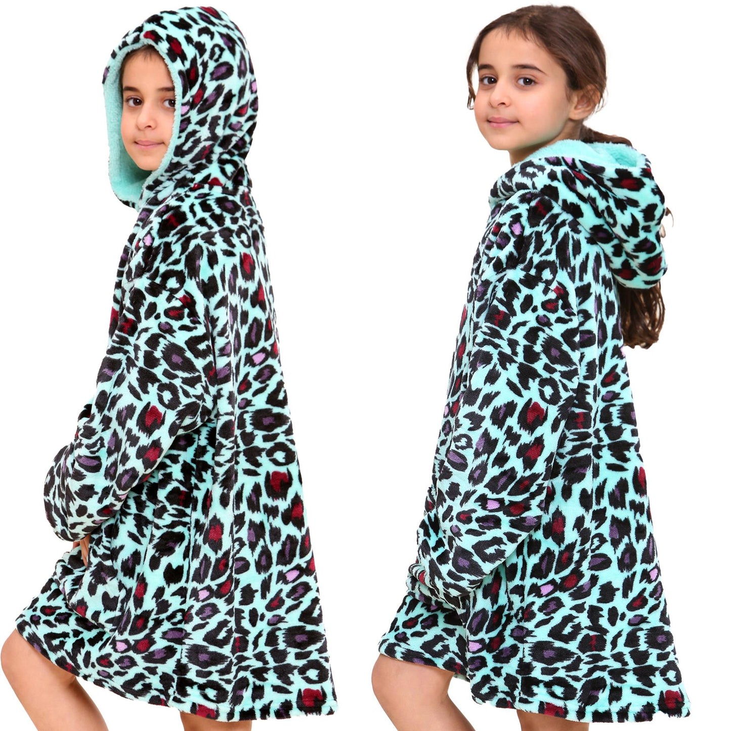 Kids Girls Boys Oversized Hoodie Blue Tartan Printed Snuggle Soft Fleece Blanket