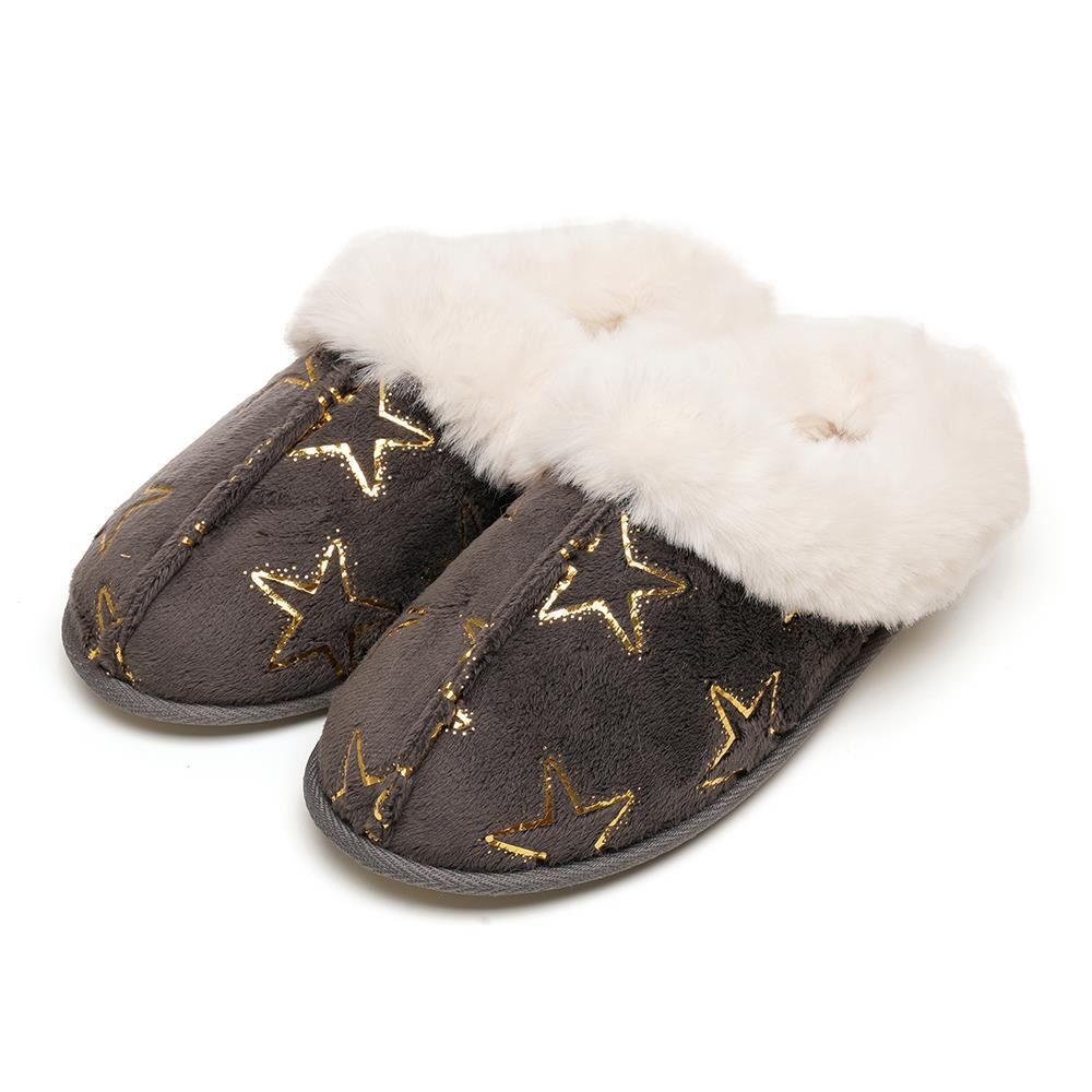 A2Z Ladies Foil Heart and Star Mule Slippers Warm Faux Fur Lined Indoor Shoes