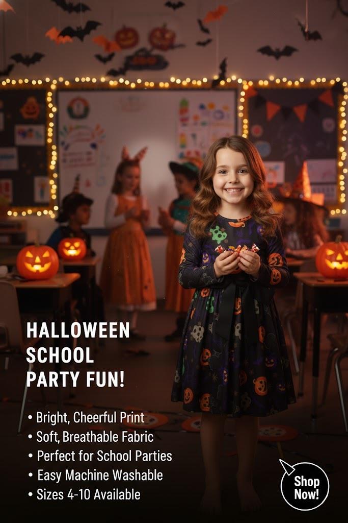 Girls Halloween Swing Dress Ghost Pumpkin Bat Spooky Parties Costume 5-13 Yrs