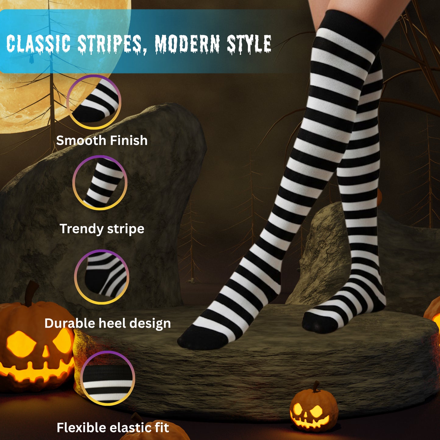 Kids Striped Over Knee Socks Black & White Halloween Witch Clown Fancy Dress
